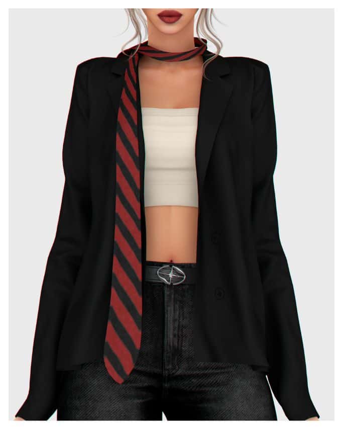 sim wearing a loose necktie accessory