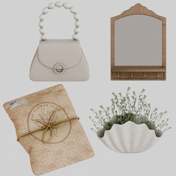 four home decor pieces including a purse and mirror