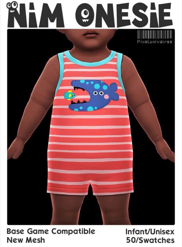 an infant sims wearing a red striped onesie