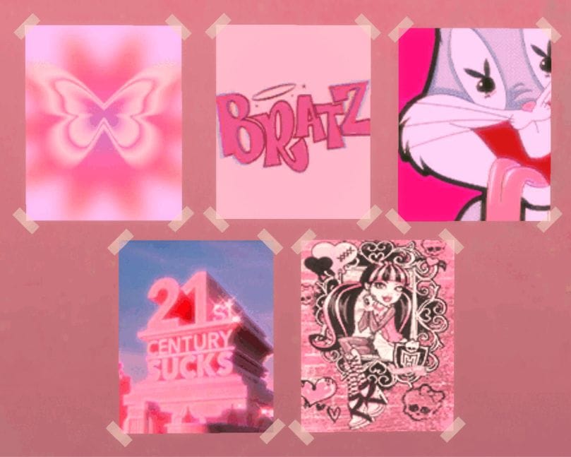 a wall covered in five pink-themed posters