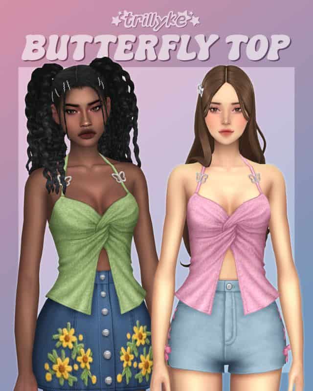 two emale sims dressed in butterfly themed tops