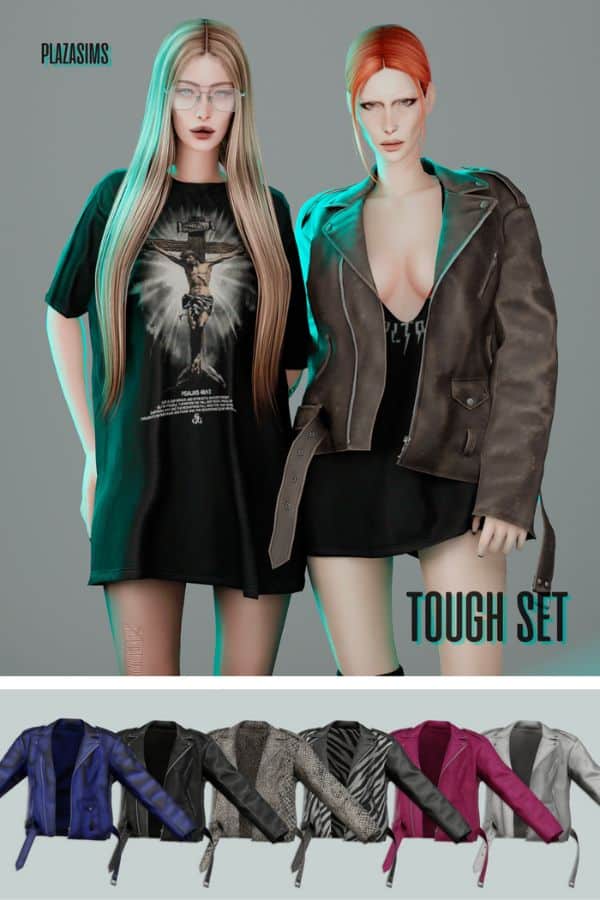 two female sims dressed in leather jackets and graphic tee