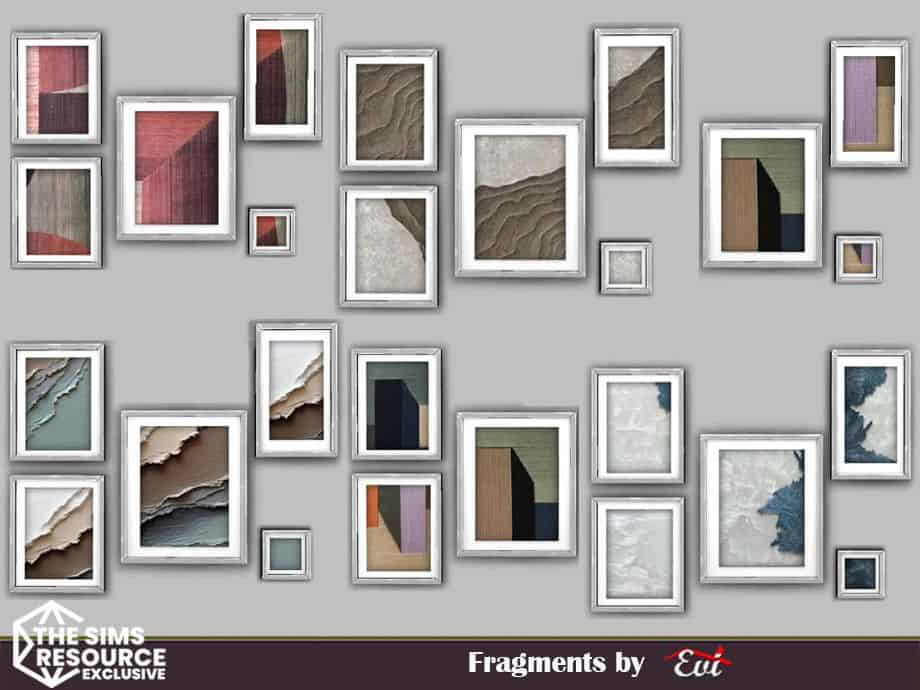 a wall covered in framed abstract art