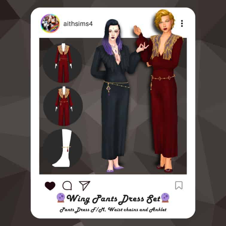 two sims dressed in a flowy pants dress set with wing details