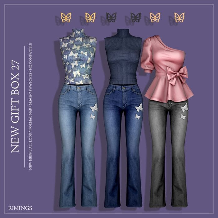 three female outfits with butterfly details