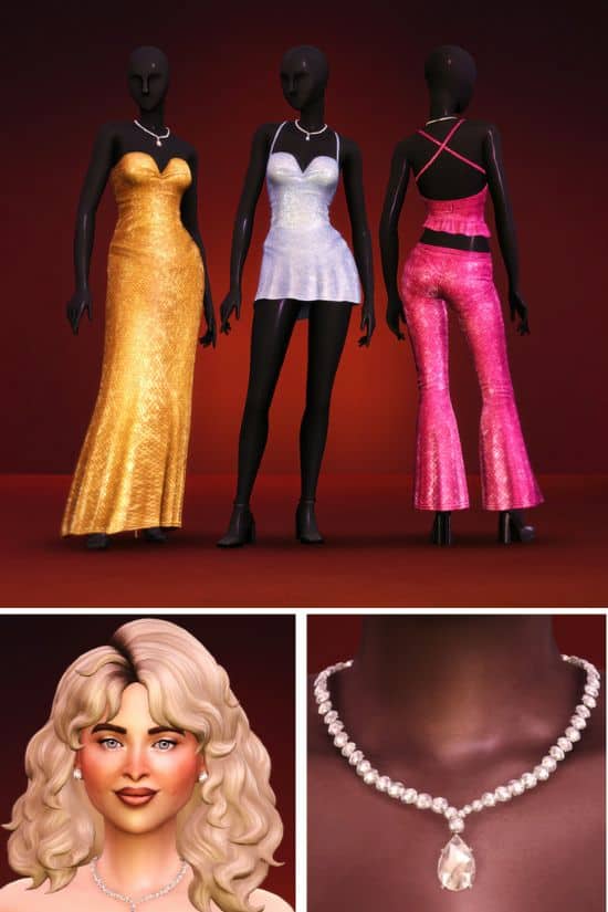 collage of sparkly outfits, a cc hair and necklace
