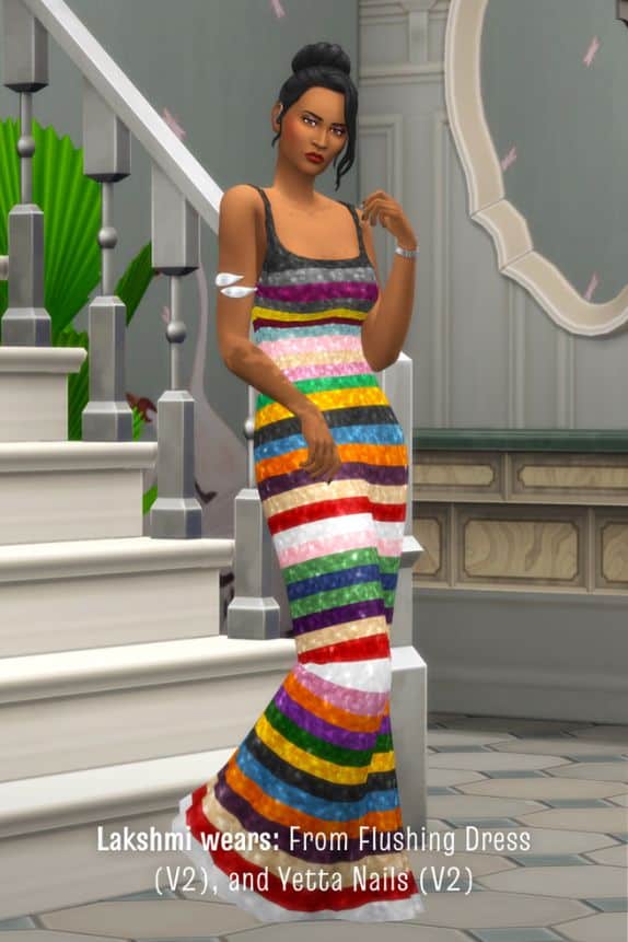 female sim wearing a multi-color striped sequins dress