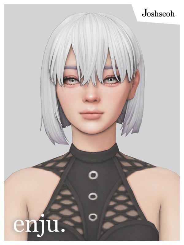 female sim with a white blond, chin length hair bob
