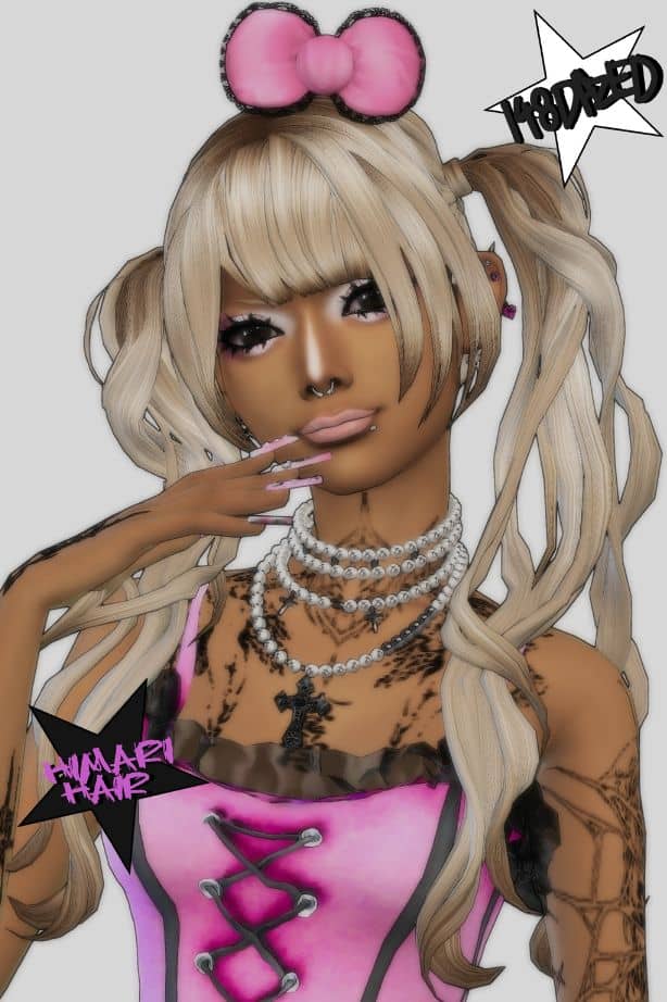 blond female sim with pigtails and a pink bow