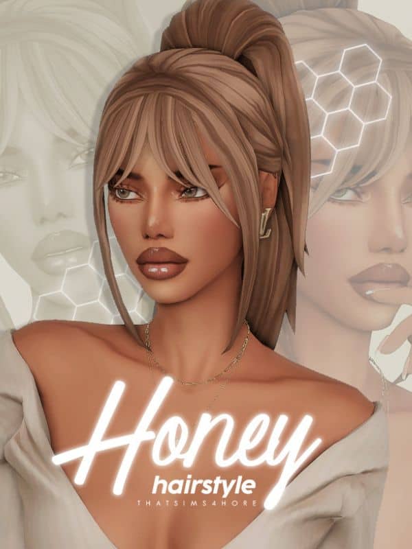 blond female sim with a high ponytail and layered bangs