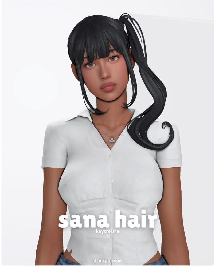 female sim with black hair and side ponytail
