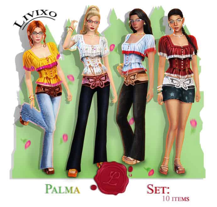 four female sims dressed in cute outfits with butterfly details on the waist