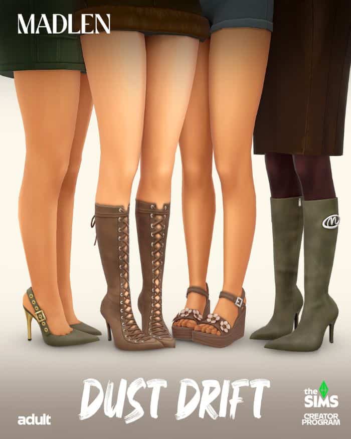 four pairs of shoes and boots being modeled by Sims