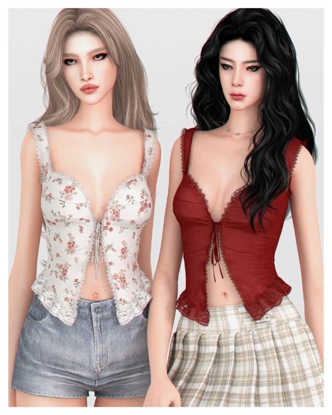 two female sims wearing a summer top with their navels showing