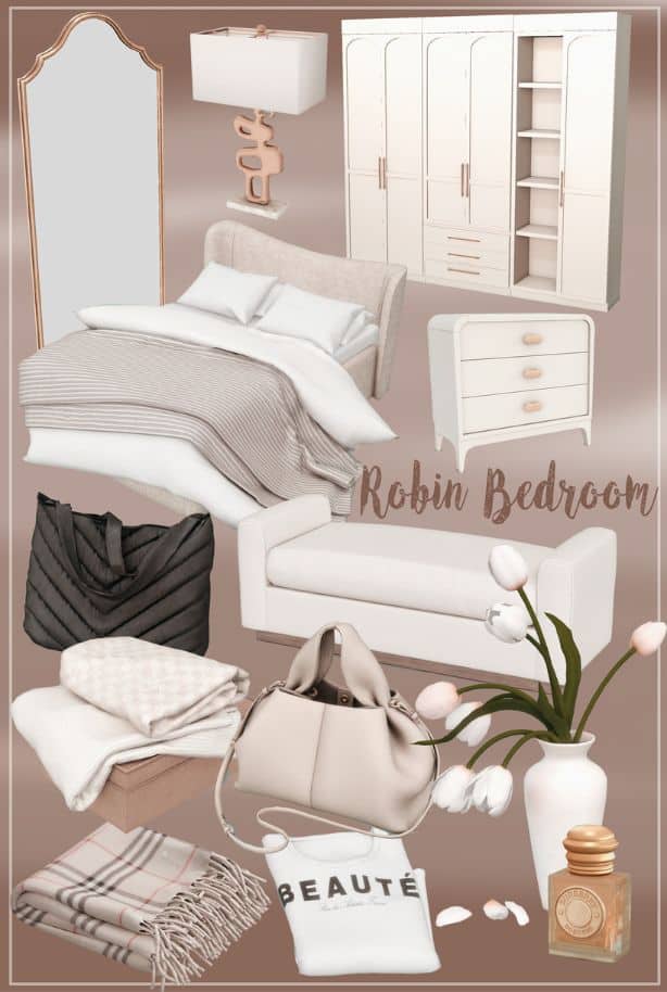 collage of modern bedroom pieces