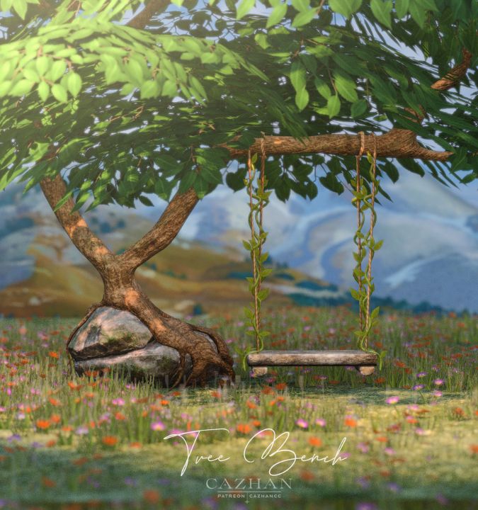 a large tree with a wooden bench attached to the branch