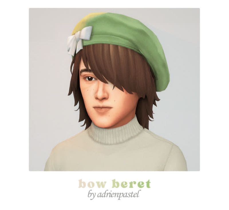 sim kid wearing a green beret with a white bow