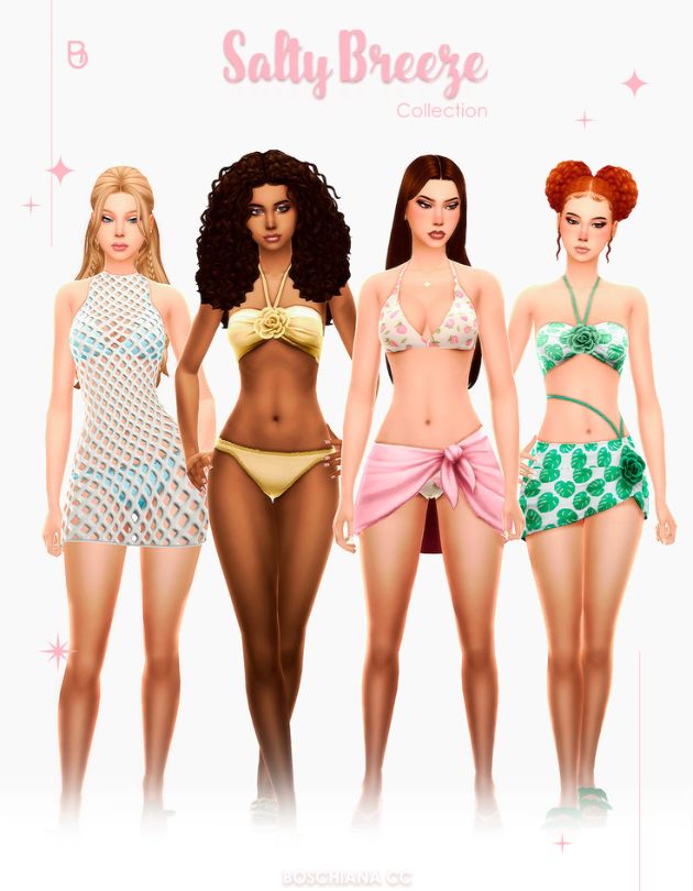 four female sims dressed in swimwear