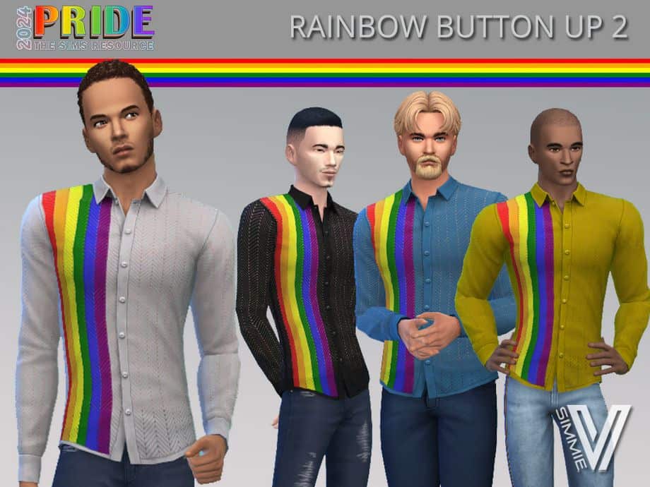 male sims wearing rainbow button up shirts