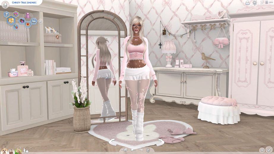 female sim standing in a pretty bedroom