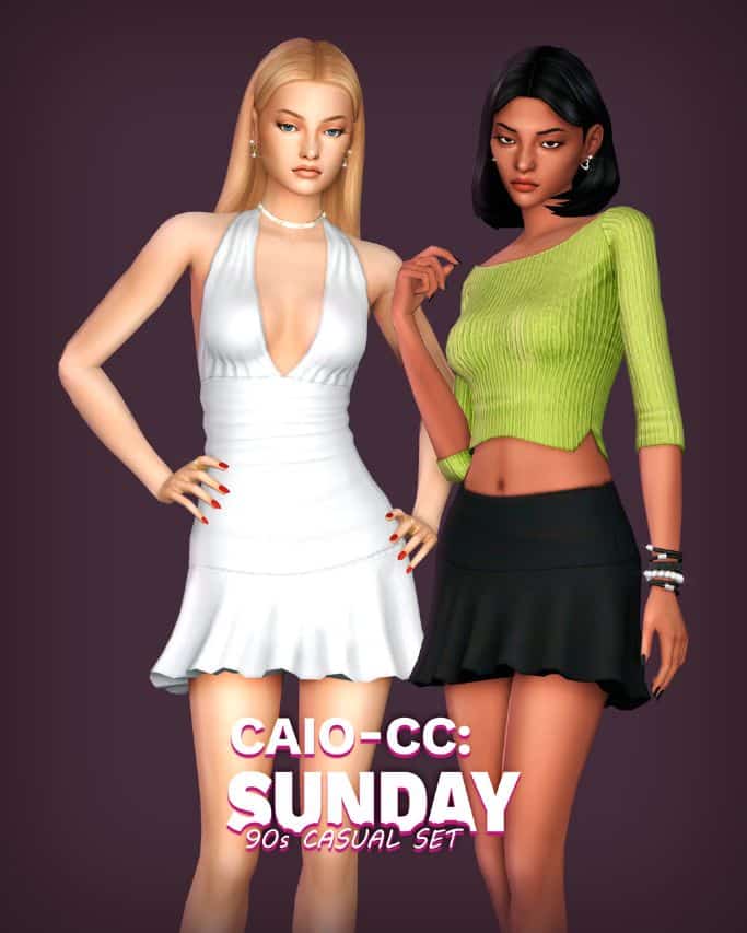 two female sims wearing 90s-themed clothing