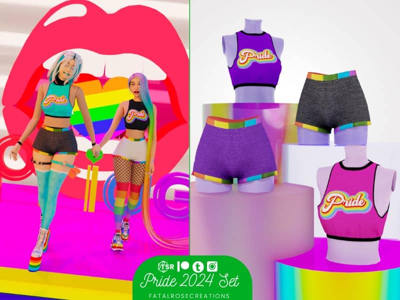 sims wearing colorful pride crop tops and shorts