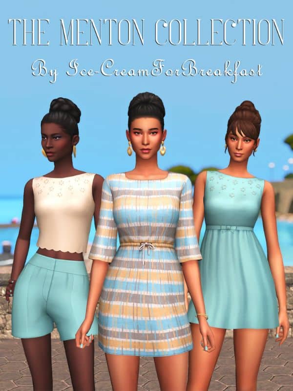 female sims dressed in blue-themed summer outfits