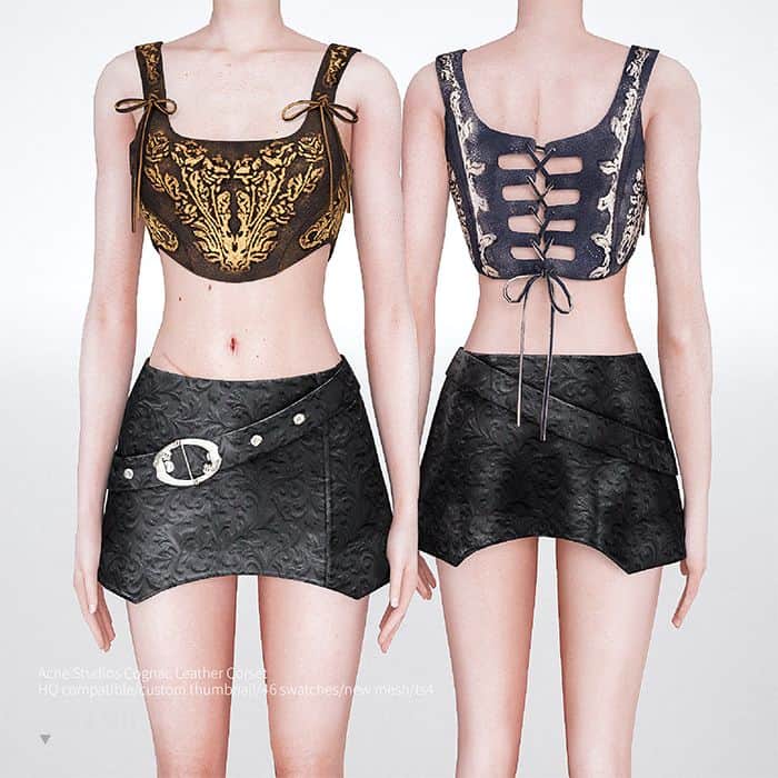 sims modeling leather corsets with embroidered details