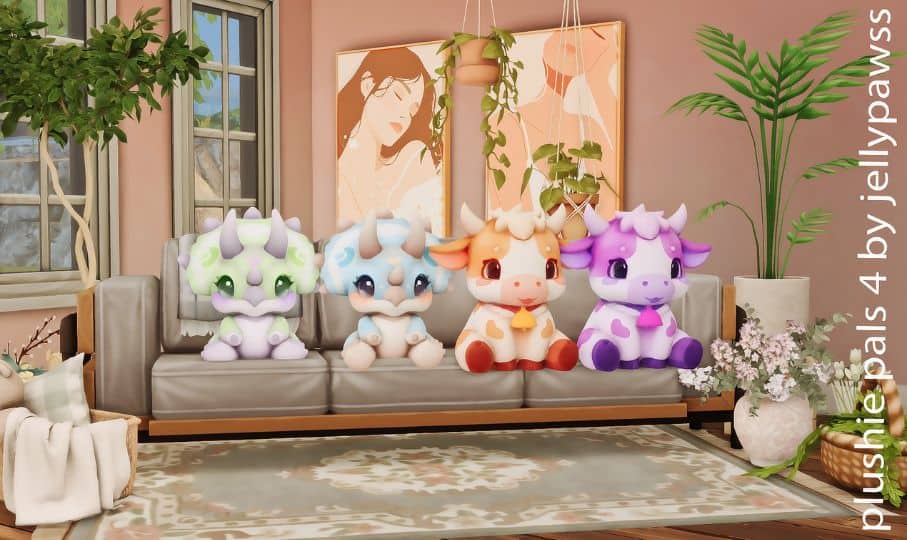 sims 4 dino plushies and cow plushies on a couch