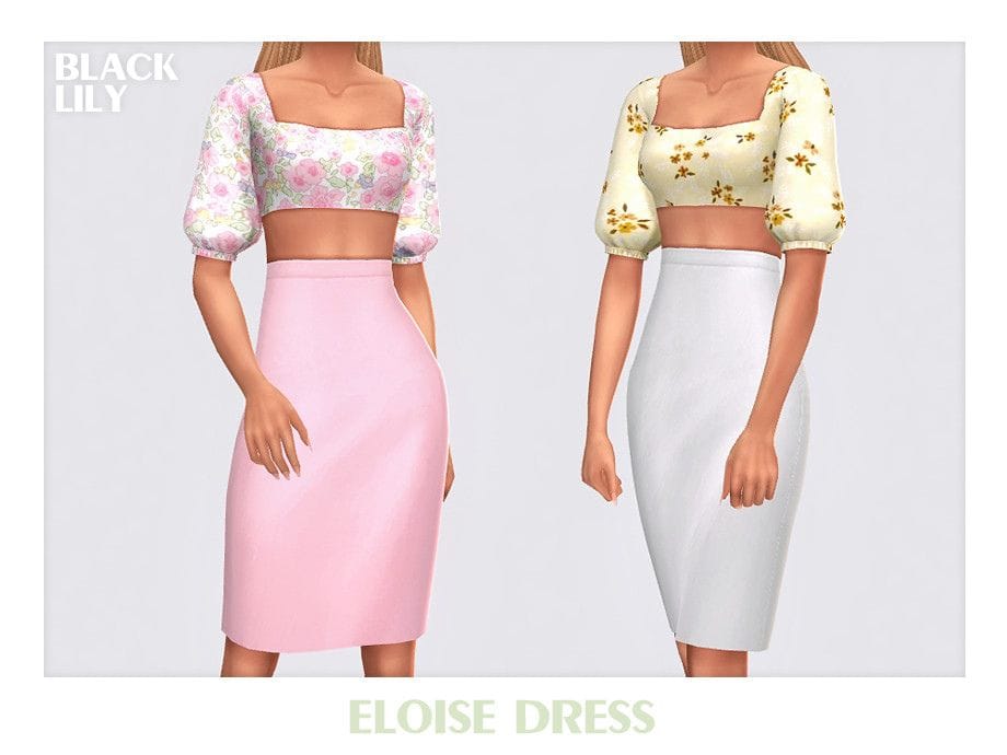 sims modeling a puff sleeve crop top and skirt