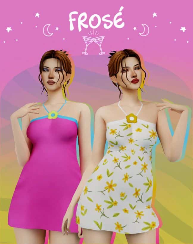 female sims dressed in Y2K summer dresses