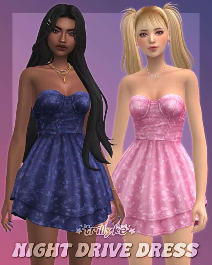 two female sims wearing strapless mini dresses