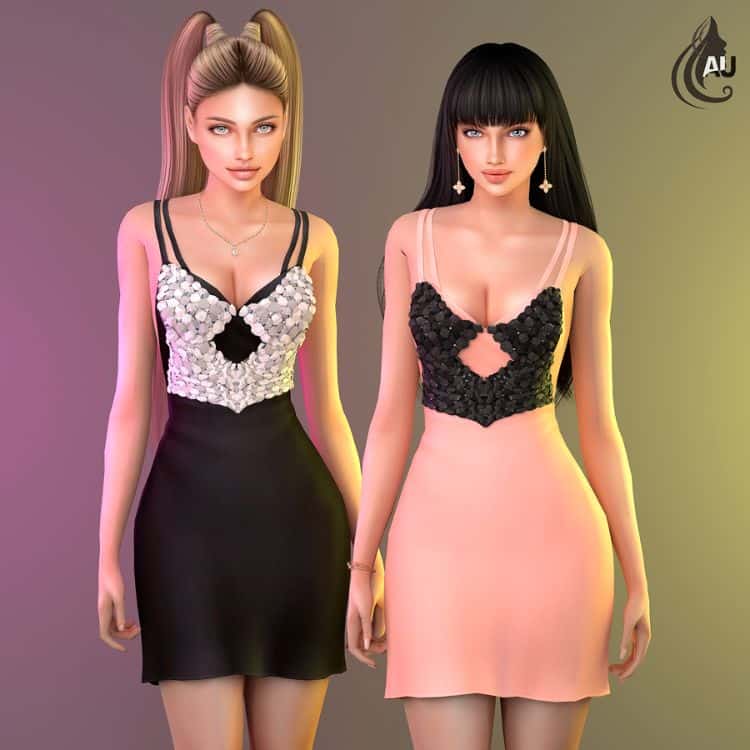 two female sims wearing short dresses with sequins corsets