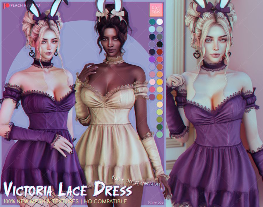 female sims wearing an off-the-shoulder mini dress with lace