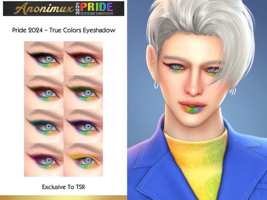 sim wearing rainbow glitter eyeshadow
