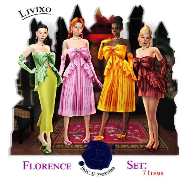 female sims dressed in frilly dresses and tops with matching shoes and accessories