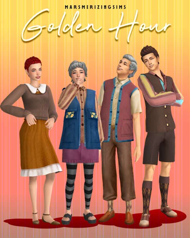 young and older sims standing together
