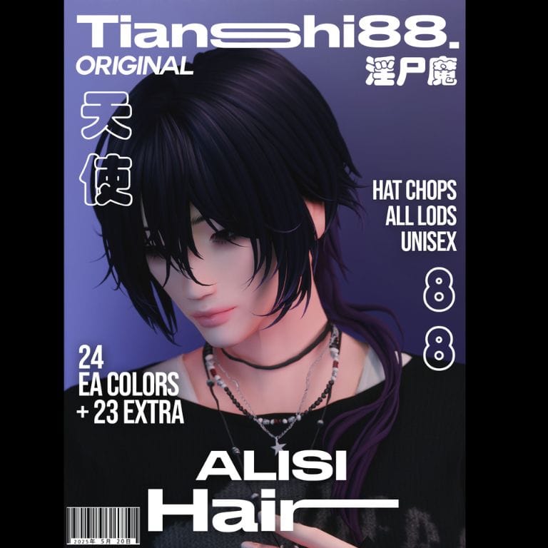 sim with a layered haircut and bangs over the eyes