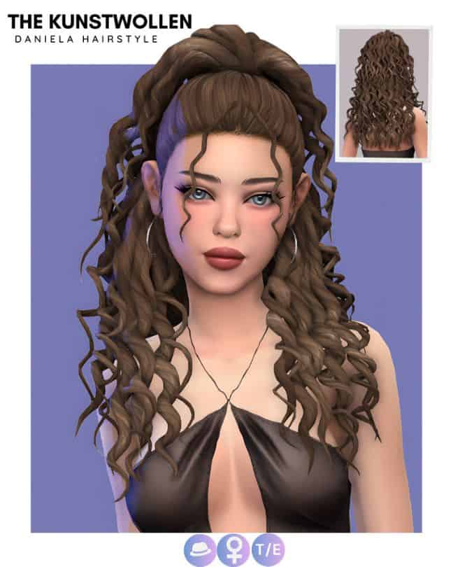 female sim with a half-up, curly high ponytail