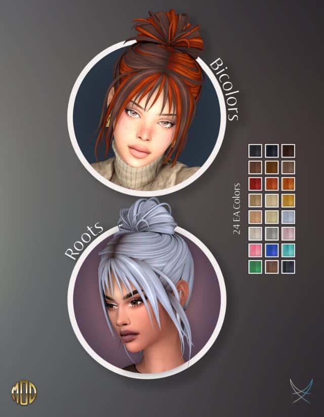 female sims with a updo hairstyle with layered bangs