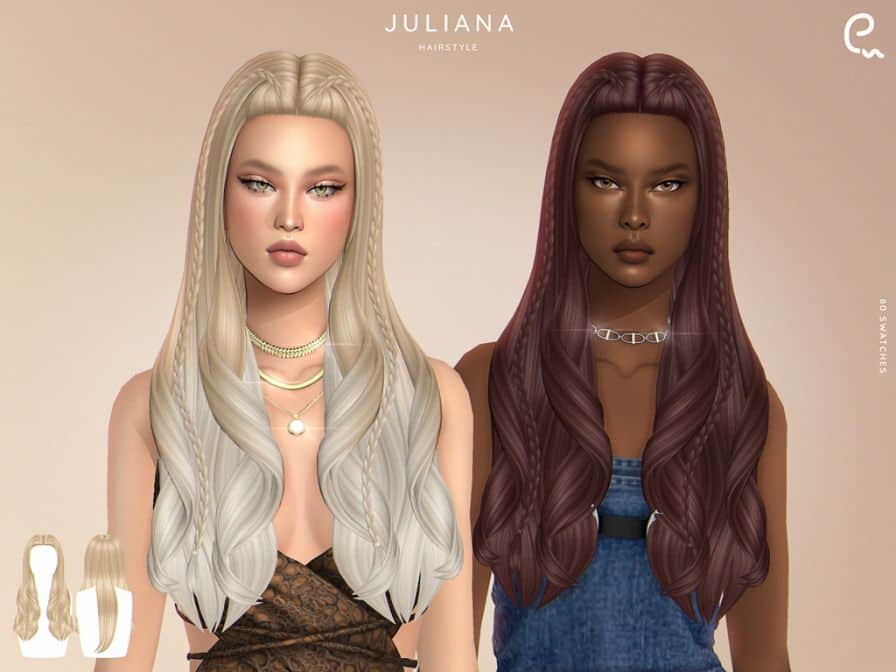 two female sims with long hair curled at the ends and a thin braid on each at the front
