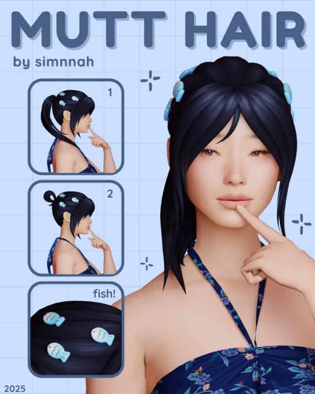 female with a ponytail and fish=shaped hair clips