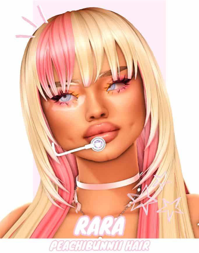 female sim with blond and pink hair with bangs