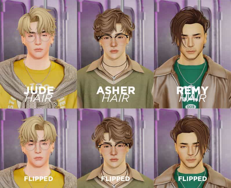 three male sims with short hairstyles shown in the standard and flipped way