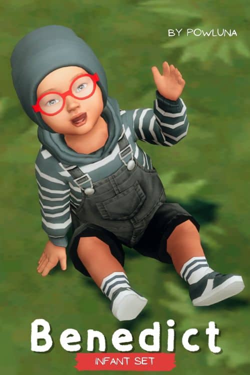 infant sim wearing a beanie, hoodie sweater and dungarees