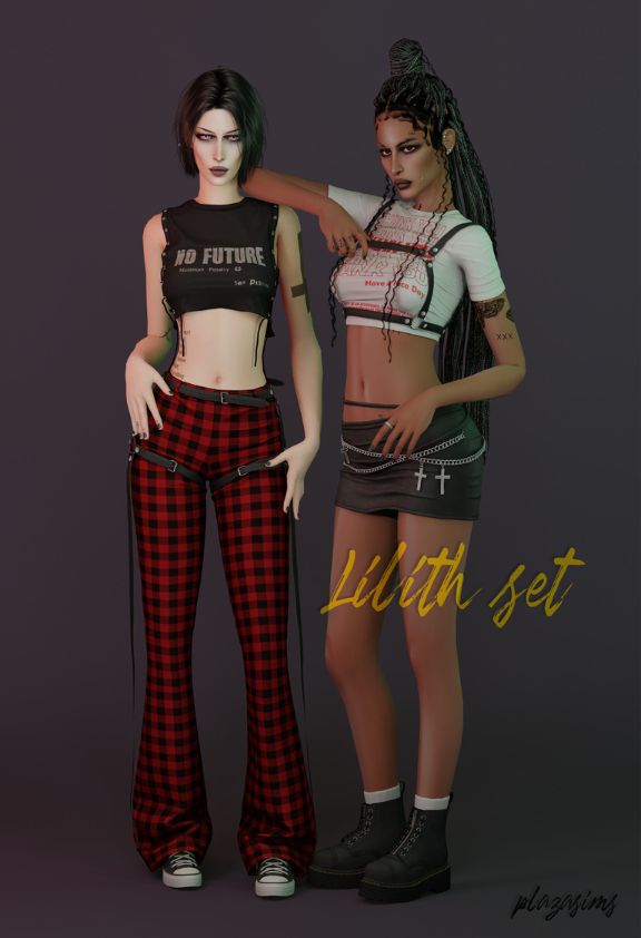female sims dressed in grunge clothing pieces