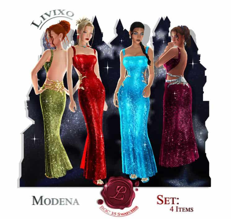 female sims dressed in shiny dresses with matching shoes and makeup