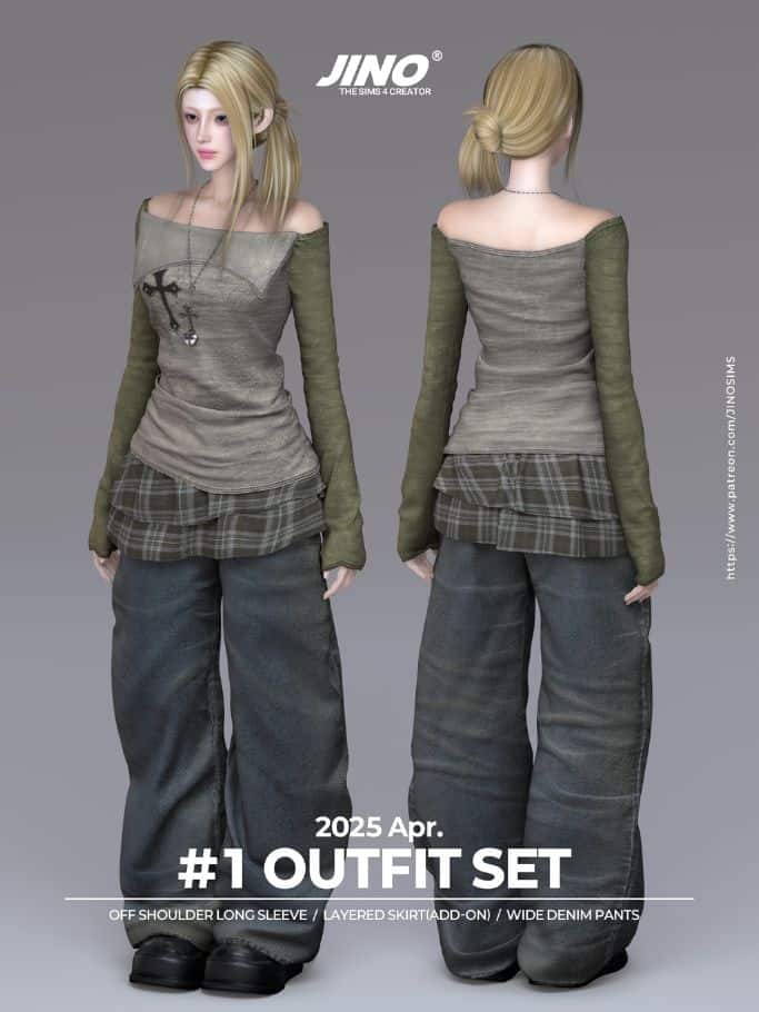 female sim wearing a three-piece grunge outfit shown front and back