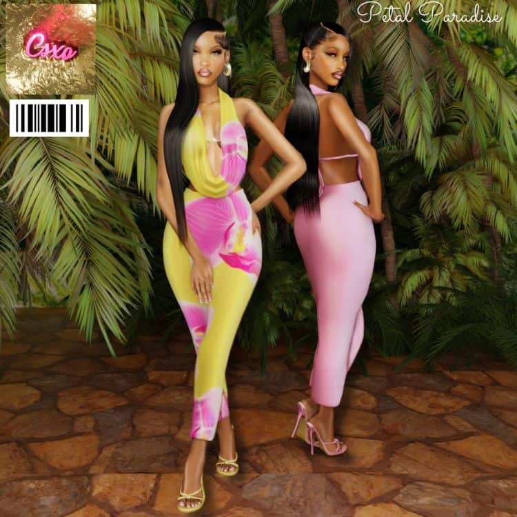 black female sims wearing skintight summer dresses and sandals