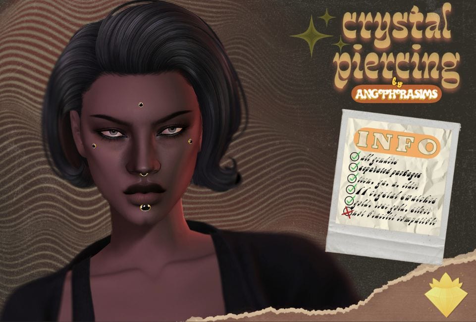 female sim with crystal face piercings